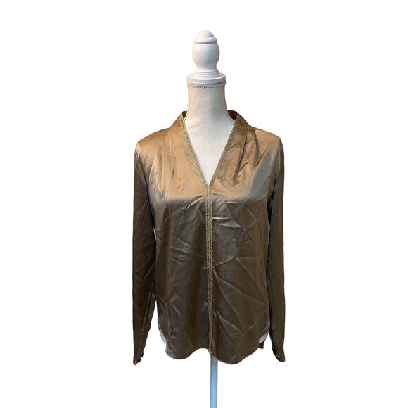 Elie Tahari Silk Small Gold Top Tunic Blouse V-Neck Long Sleeve - Picture 1 of 11